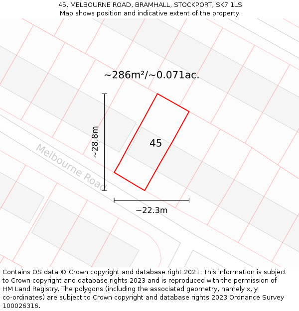 45, MELBOURNE ROAD, BRAMHALL, STOCKPORT, SK7 1LS: Plot and title map