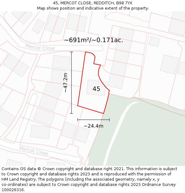 45, MERCOT CLOSE, REDDITCH, B98 7YX: Plot and title map