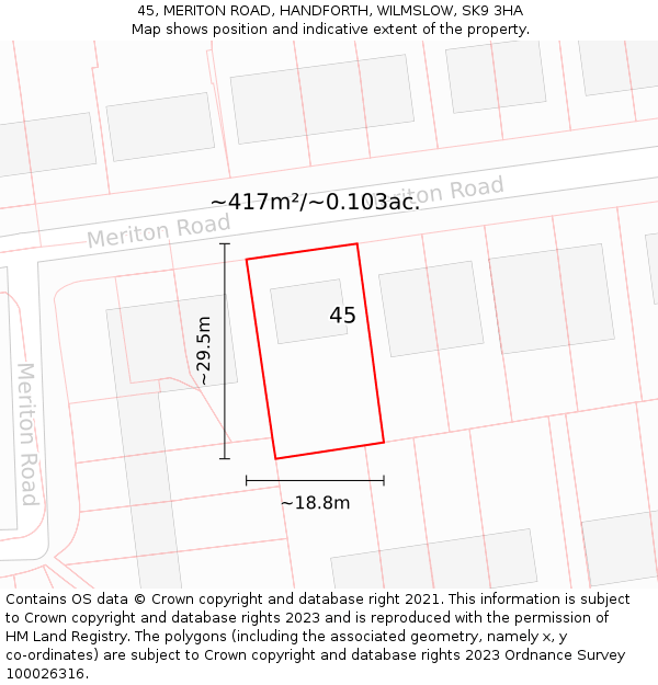 45, MERITON ROAD, HANDFORTH, WILMSLOW, SK9 3HA: Plot and title map
