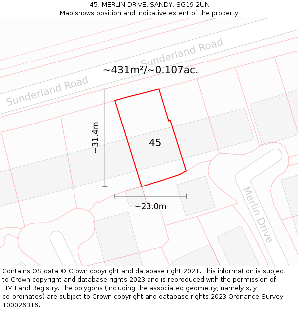 45, MERLIN DRIVE, SANDY, SG19 2UN: Plot and title map