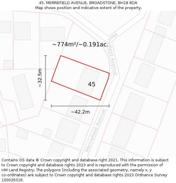 45, MERRIEFIELD AVENUE, BROADSTONE, BH18 8DA: Plot and title map