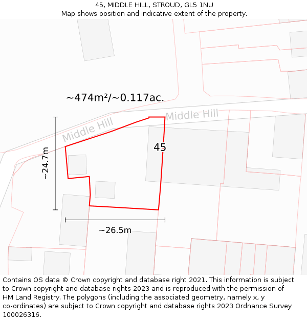 45, MIDDLE HILL, STROUD, GL5 1NU: Plot and title map