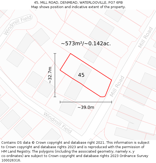 45, MILL ROAD, DENMEAD, WATERLOOVILLE, PO7 6PB: Plot and title map