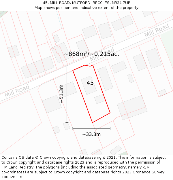 45, MILL ROAD, MUTFORD, BECCLES, NR34 7UR: Plot and title map
