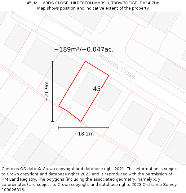 45, MILLARDS CLOSE, HILPERTON MARSH, TROWBRIDGE, BA14 7UN: Plot and title map