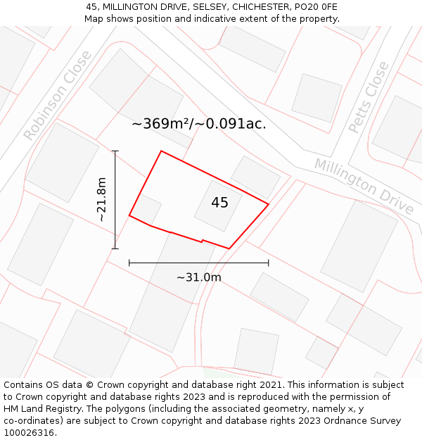 45, MILLINGTON DRIVE, SELSEY, CHICHESTER, PO20 0FE: Plot and title map