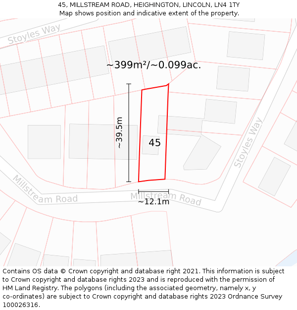 45, MILLSTREAM ROAD, HEIGHINGTON, LINCOLN, LN4 1TY: Plot and title map