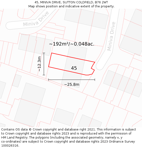 45, MINIVA DRIVE, SUTTON COLDFIELD, B76 2WT: Plot and title map