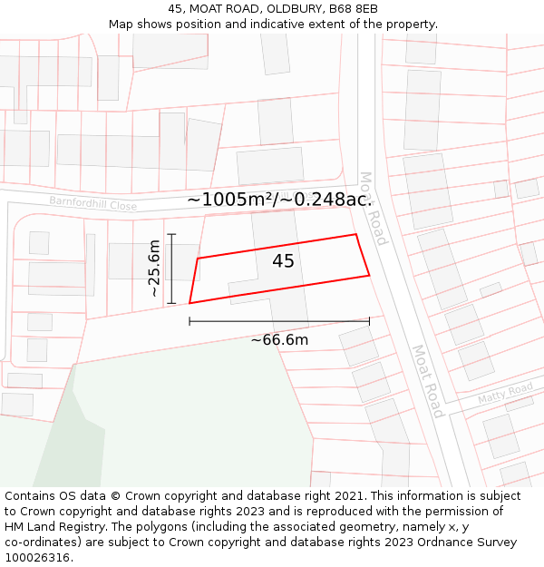 45, MOAT ROAD, OLDBURY, B68 8EB: Plot and title map