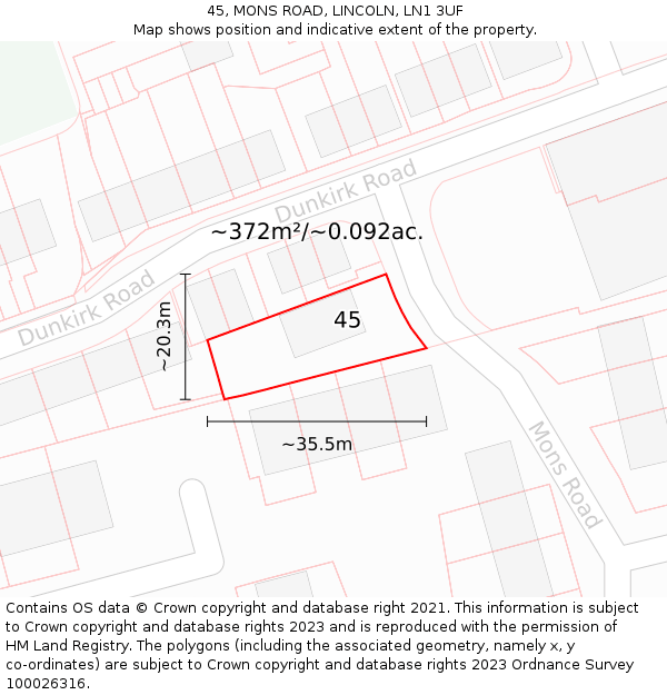 45, MONS ROAD, LINCOLN, LN1 3UF: Plot and title map