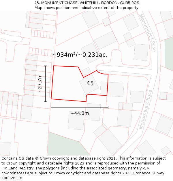 45, MONUMENT CHASE, WHITEHILL, BORDON, GU35 9QS: Plot and title map
