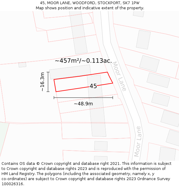 45, MOOR LANE, WOODFORD, STOCKPORT, SK7 1PW: Plot and title map