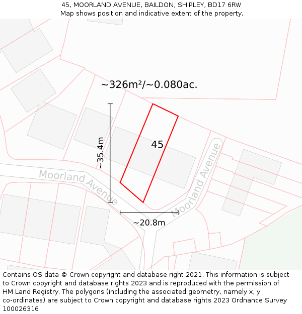 45, MOORLAND AVENUE, BAILDON, SHIPLEY, BD17 6RW: Plot and title map