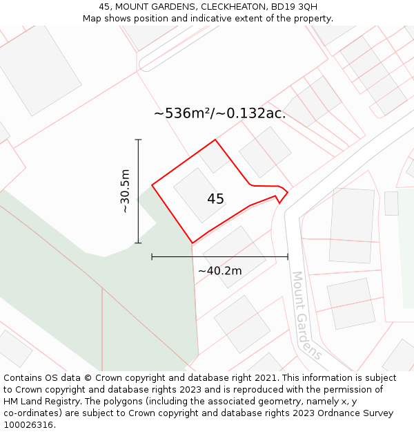 45, MOUNT GARDENS, CLECKHEATON, BD19 3QH: Plot and title map
