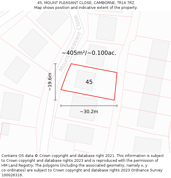 45, MOUNT PLEASANT CLOSE, CAMBORNE, TR14 7RZ: Plot and title map