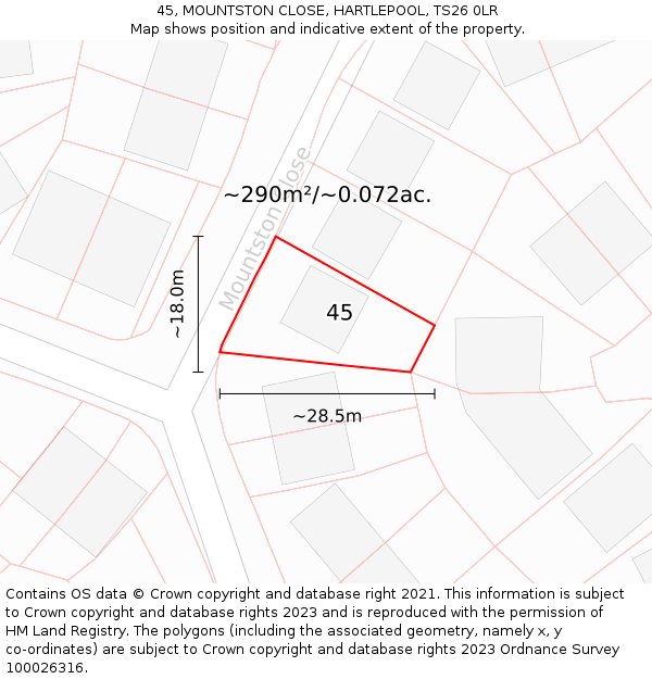 45, MOUNTSTON CLOSE, HARTLEPOOL, TS26 0LR: Plot and title map