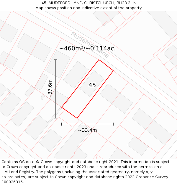 45, MUDEFORD LANE, CHRISTCHURCH, BH23 3HN: Plot and title map