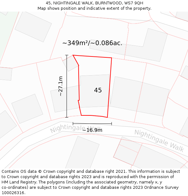 45, NIGHTINGALE WALK, BURNTWOOD, WS7 9QH: Plot and title map