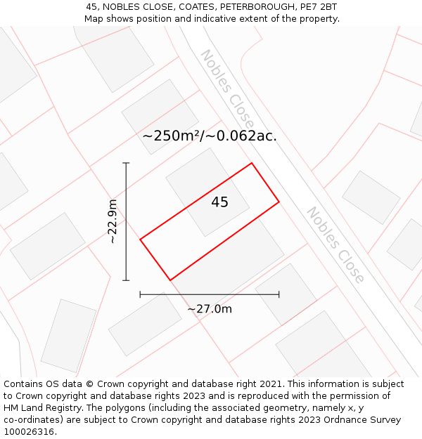45, NOBLES CLOSE, COATES, PETERBOROUGH, PE7 2BT: Plot and title map