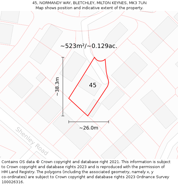 45, NORMANDY WAY, BLETCHLEY, MILTON KEYNES, MK3 7UN: Plot and title map
