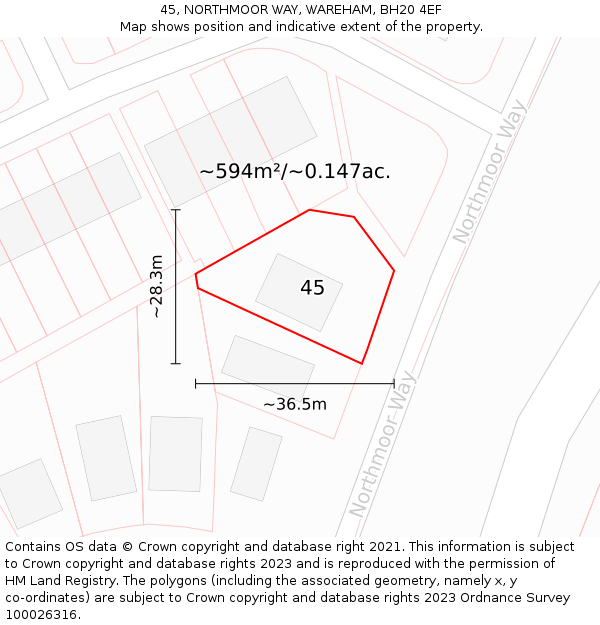 45, NORTHMOOR WAY, WAREHAM, BH20 4EF: Plot and title map