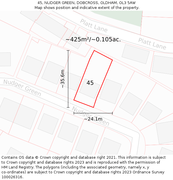 45, NUDGER GREEN, DOBCROSS, OLDHAM, OL3 5AW: Plot and title map