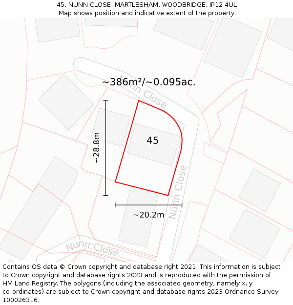 45, NUNN CLOSE, MARTLESHAM, WOODBRIDGE, IP12 4UL: Plot and title map