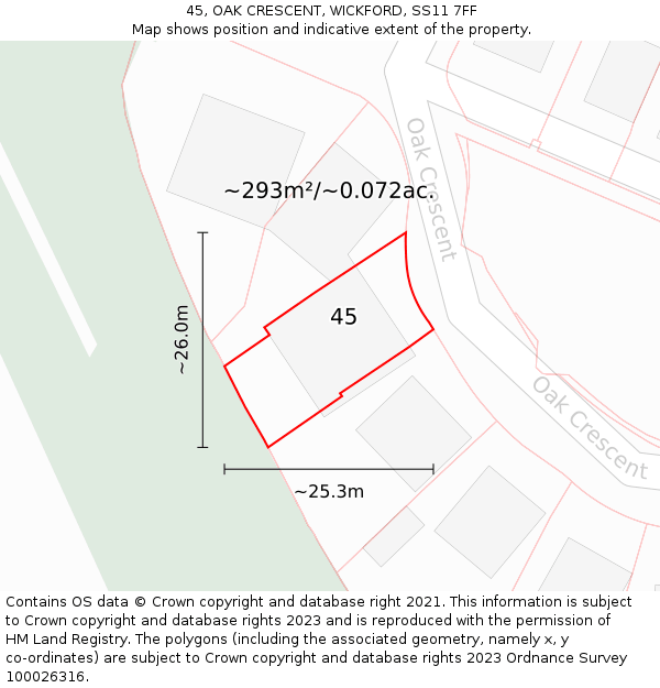 45, OAK CRESCENT, WICKFORD, SS11 7FF: Plot and title map
