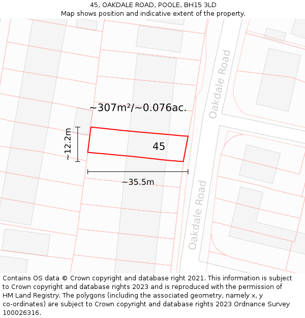 45, OAKDALE ROAD, POOLE, BH15 3LD: Plot and title map