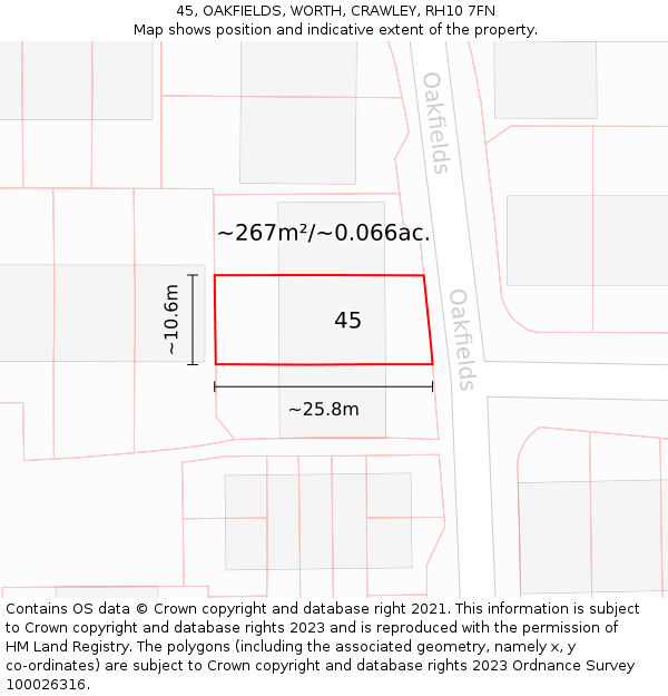 45, OAKFIELDS, WORTH, CRAWLEY, RH10 7FN: Plot and title map