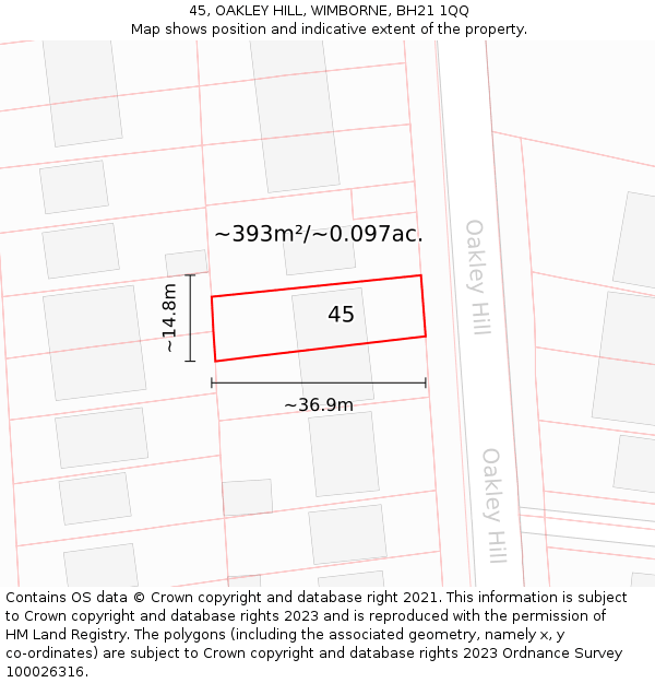 45, OAKLEY HILL, WIMBORNE, BH21 1QQ: Plot and title map