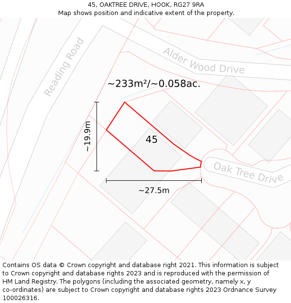 45, OAKTREE DRIVE, HOOK, RG27 9RA: Plot and title map