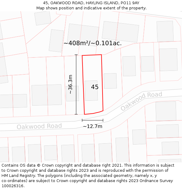 45, OAKWOOD ROAD, HAYLING ISLAND, PO11 9AY: Plot and title map