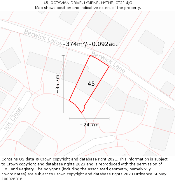 45, OCTAVIAN DRIVE, LYMPNE, HYTHE, CT21 4JG: Plot and title map