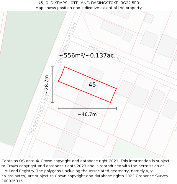 45, OLD KEMPSHOTT LANE, BASINGSTOKE, RG22 5ER: Plot and title map