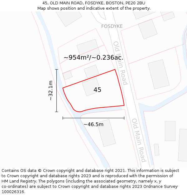 45, OLD MAIN ROAD, FOSDYKE, BOSTON, PE20 2BU: Plot and title map
