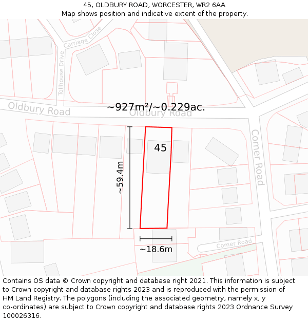 45, OLDBURY ROAD, WORCESTER, WR2 6AA: Plot and title map