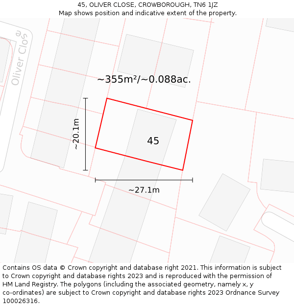 45, OLIVER CLOSE, CROWBOROUGH, TN6 1JZ: Plot and title map