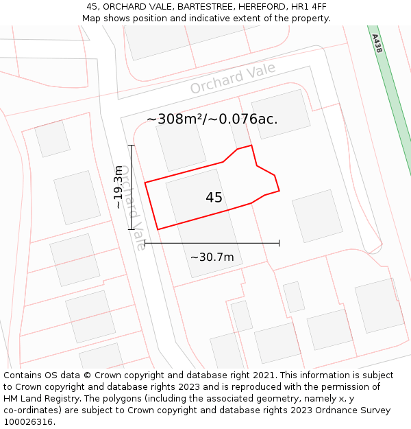 45, ORCHARD VALE, BARTESTREE, HEREFORD, HR1 4FF: Plot and title map