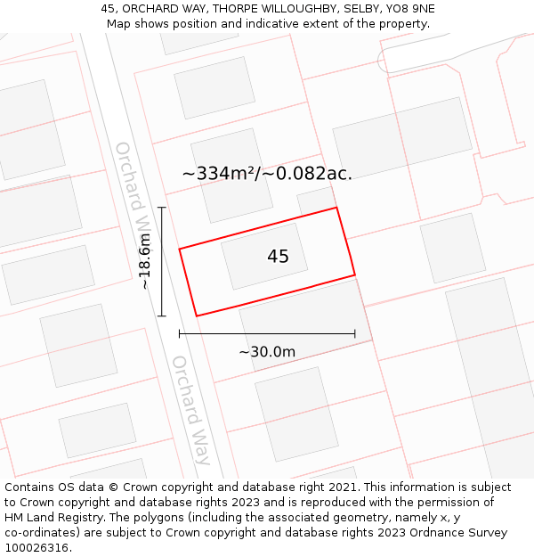 45, ORCHARD WAY, THORPE WILLOUGHBY, SELBY, YO8 9NE: Plot and title map