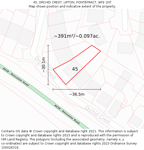 45, ORCHID CREST, UPTON, PONTEFRACT, WF9 1NT: Plot and title map