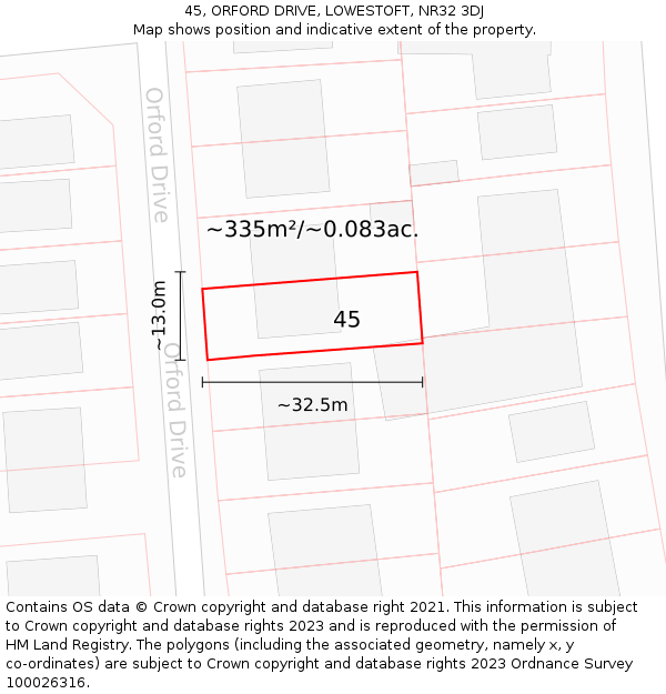 45, ORFORD DRIVE, LOWESTOFT, NR32 3DJ: Plot and title map