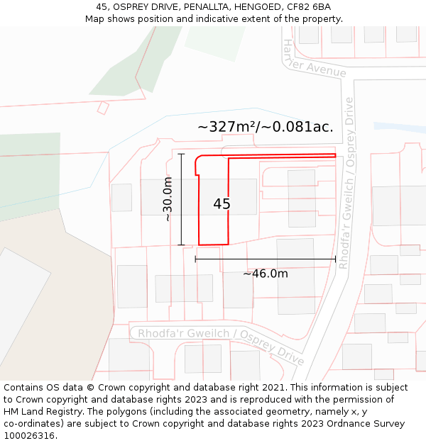 45, OSPREY DRIVE, PENALLTA, HENGOED, CF82 6BA: Plot and title map