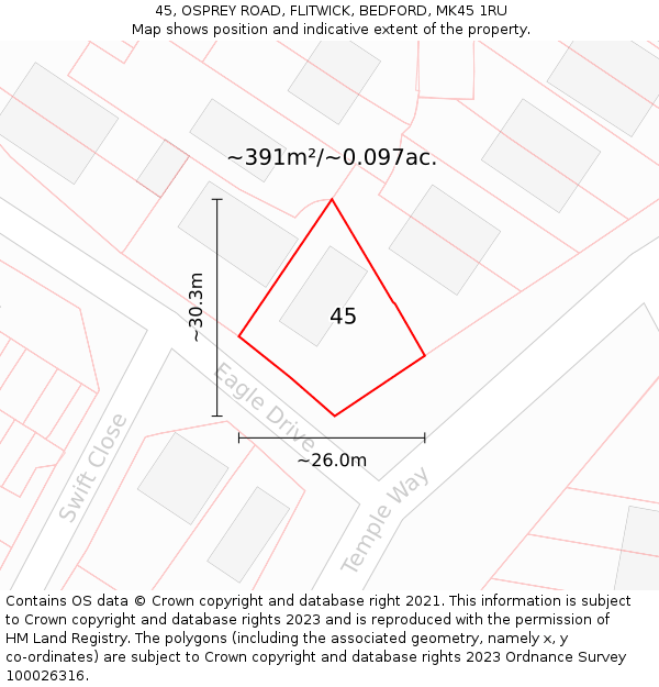 45, OSPREY ROAD, FLITWICK, BEDFORD, MK45 1RU: Plot and title map
