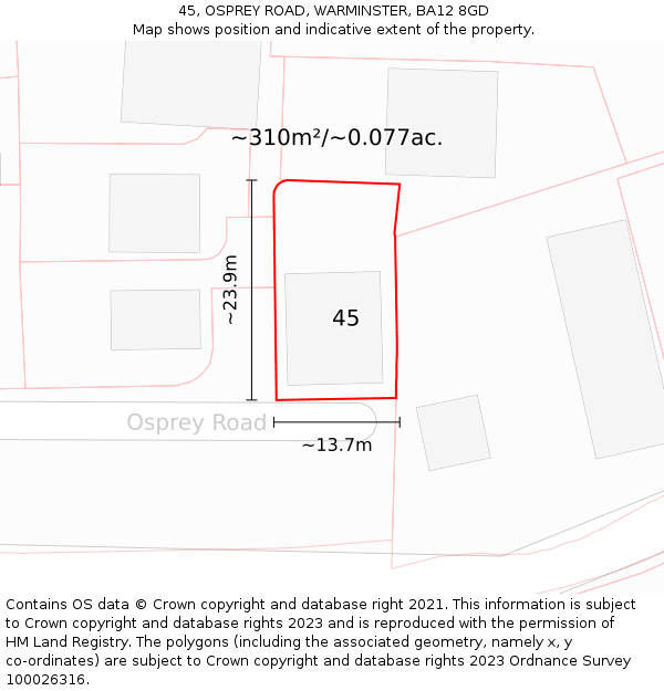 45, OSPREY ROAD, WARMINSTER, BA12 8GD: Plot and title map