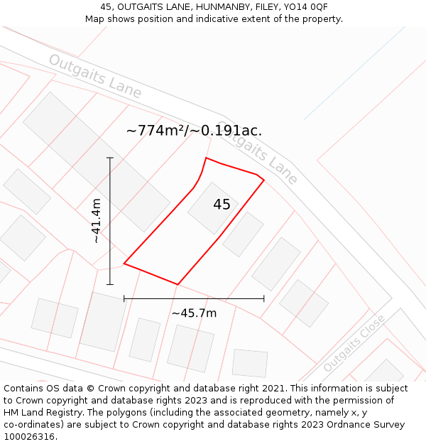 45, OUTGAITS LANE, HUNMANBY, FILEY, YO14 0QF: Plot and title map