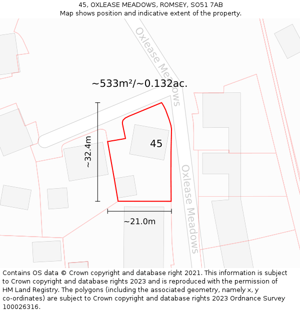 45, OXLEASE MEADOWS, ROMSEY, SO51 7AB: Plot and title map