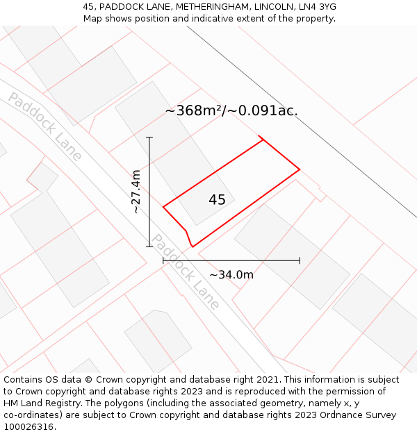 45, PADDOCK LANE, METHERINGHAM, LINCOLN, LN4 3YG: Plot and title map