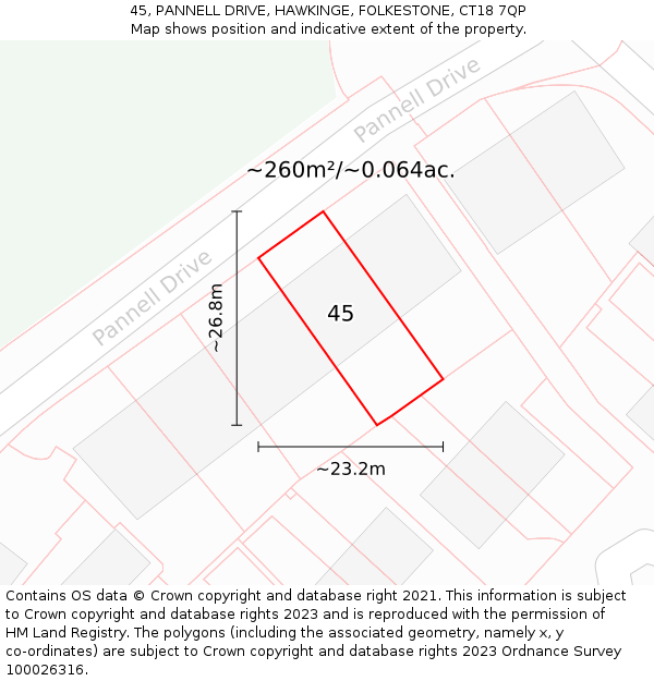 45, PANNELL DRIVE, HAWKINGE, FOLKESTONE, CT18 7QP: Plot and title map