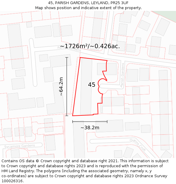 45, PARISH GARDENS, LEYLAND, PR25 3UF: Plot and title map